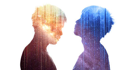 Portrait of happy gay couple spending time together and hugging.  Silhouette of a male couple. Lgbt...