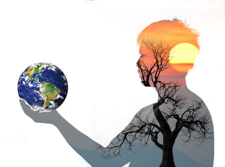 Side image half shadow of a man. silhouette of a man on a white background