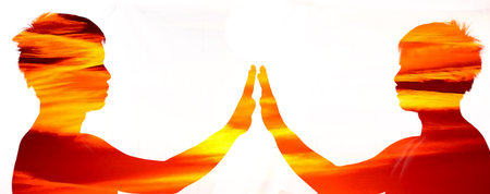 Side image half shadow of a man. silhouette of a man on a white background