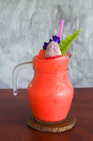 Strawberry smoothie decorated beautifully and appetizing. Popular drinks in the summerの写真素材