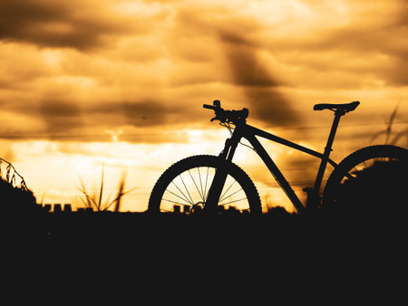 Mountain bike parked in the meadow in the evening. bicycle silhouetteの写真素材