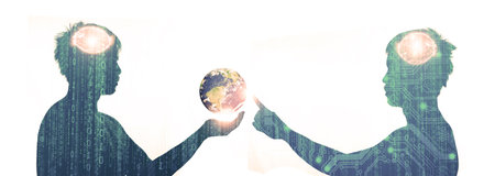 The concept of metaverse technology creates a âvirtual worldâ. Human beings in the digital age and the future world. where the connection is limitlessの写真素材