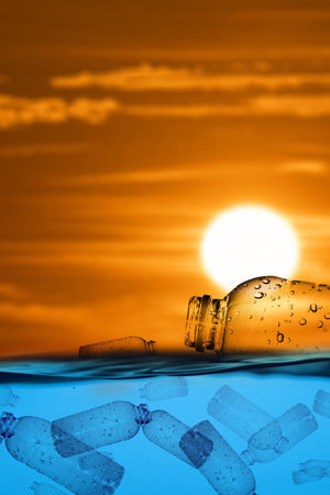 plastic bottles floating in the sea Plastic waste floats in the water. The concept of plastic waste and pollution and the concept of change.の写真素材