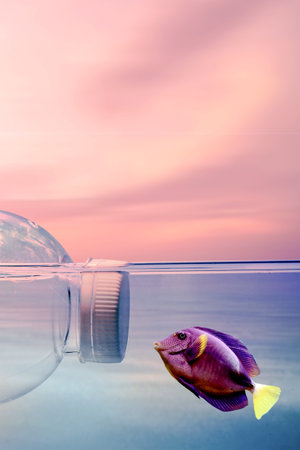 Plastic waste floats in the water. Plastic water bottles float in the water. plastic waste conceptの写真素材