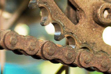 Dirty and rusty chains due to lack of maintenance. concept of dirtiness of machine partsの写真素材