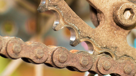 Dirty and rusty chains due to lack of maintenance. concept of dirtiness of machine partsの写真素材