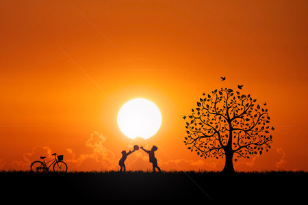 Two children are throwing balls in the meadow happily. Children's happiness conceptの写真素材