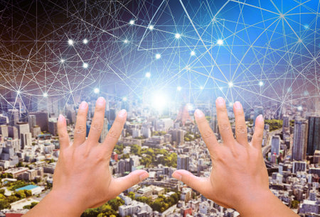 Virtual world technology concept. VR technology. The hands of the person who are touching the virtual world.の写真素材
