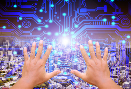 Virtual world technology concept. VR technology. The hands of the person who are touching the virtual world.の写真素材