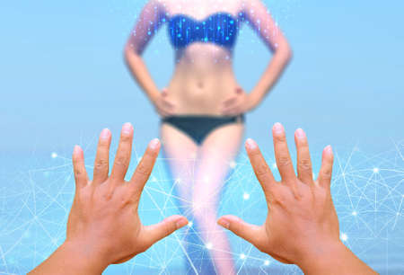 Virtual world technology concept. VR technology. The hands of the person who are touching the...
