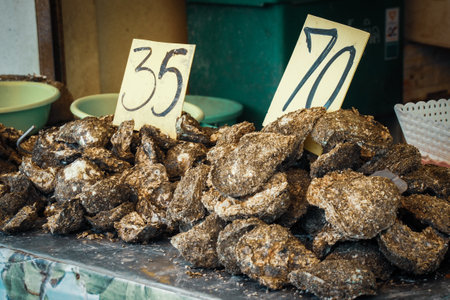 Unshelled oysters in the fresh market of Thailand. concept of food ingredientsの写真素材