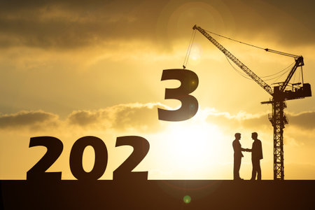 Happy New Year 2023 concept. Businessmen join hands. Successful in contacting workの写真素材