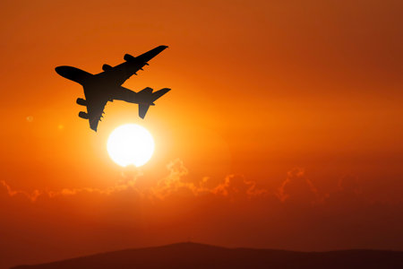 Passenger planes taking off from the airport. transportation and tourism conceptの写真素材
