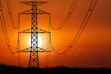 silhouette of the structure of high voltage transmission towers rural electric power distribution conceptの写真素材