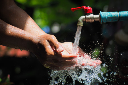Water concept in everyday life. Hands supporting the water flowing from the faucet. water splashing from the tapの写真素材