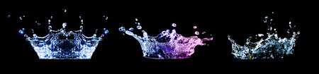 Collection of splashing water on a black backgroundの写真素材