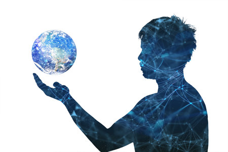 Concept of communication technology and internet networking. silhouette of a man with a globe in his...