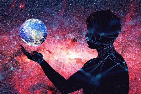 Concept of communication technology and internet networking. silhouette of a man with a globe in his...