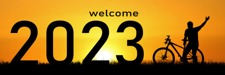 Happy new year 2023 with bicycle and cyclist. Vector illustration.