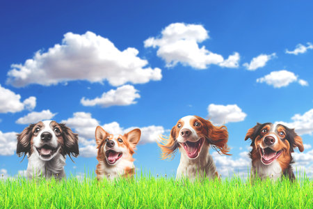 Group of happy dogs on green grass under blue sky with white cloudsの写真素材