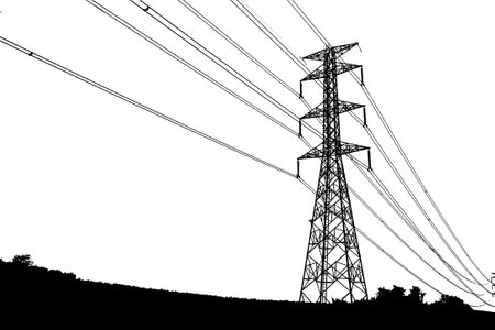 High voltage power lines and pylons on a white background.の写真素材