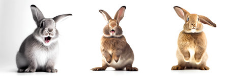 Group of three cute rabbits sitting isolated on white background. 3D rendering.の写真素材