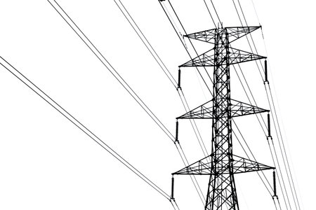 High-voltage power lines on a white background.の写真素材