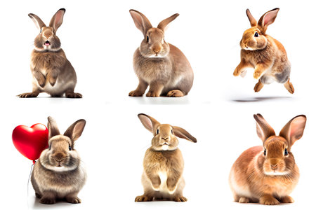 Set of cute bunnies with red heart isolated on white backgroundの写真素材