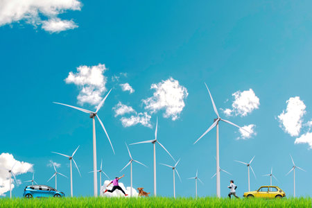 Wind turbines generating electricity on green field and blue sky with white clouds