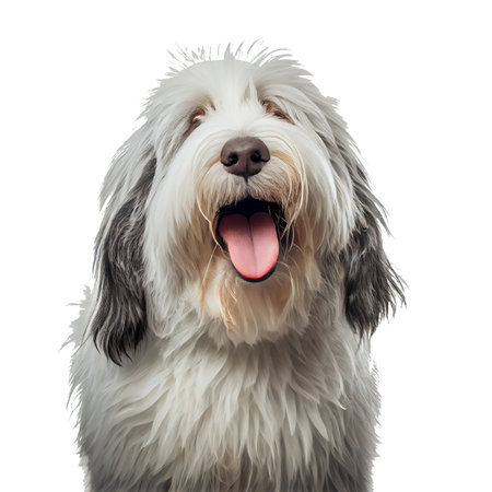 Close-up of a bearded collie in front of a white backgroundの素材