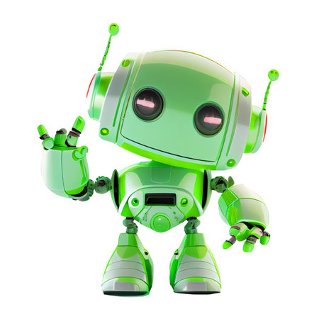 Green robot isolated on a white background. 3d rendering, 3d illustration.の素材