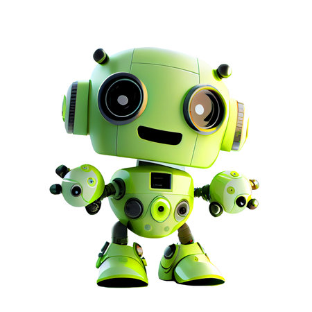 Green robot isolated on white background. Cartoon character. 3D rendering.の素材