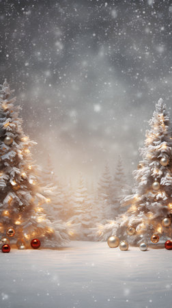 3d rendering of christmas tree in snowy forest with snowfallの素材