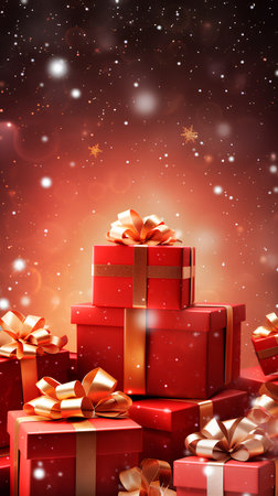 Gift boxes with bows on bokeh background. Christmas and New Year concept.の素材