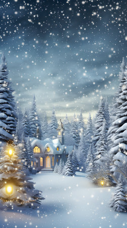 Winter landscape with christmas house and lights. 3D illustration.の素材