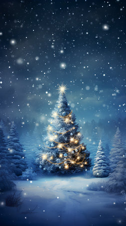Christmas tree in winter forest with snowfall and falling snowflakesの素材