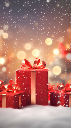 Gift boxes on snow with bokeh background. 3d rendering.の素材