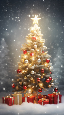 Christmas tree with gifts and snowflakes on a dark background.の素材