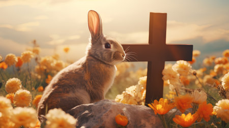 Rabbit and cross in the field of flowers. Easter concept.の素材