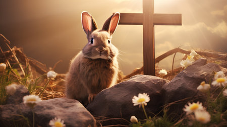 Rabbit in the meadow near the cross. Easter concept.の素材