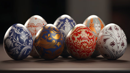 Decorated Easter eggs on a wooden table. 3d renderの素材