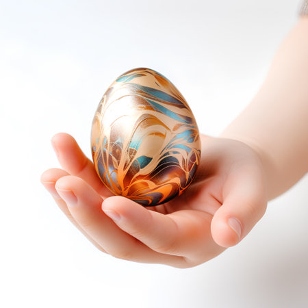 Easter egg in the hands of a child on a white backgroundの素材