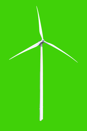 Wind turbine isolated on green background. 3D rendering. Renewable energy concept.の写真素材