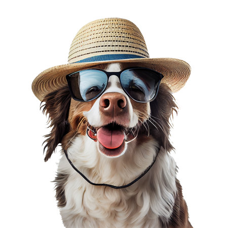portrait of happy dog wearing hat and sunglasses isolated on white backgroundの素材