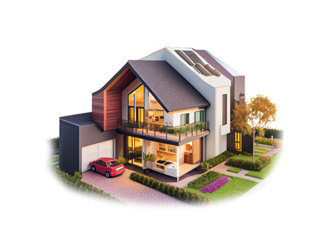 House with solar panels on roof. Real estate concept. Vector illustrationの素材