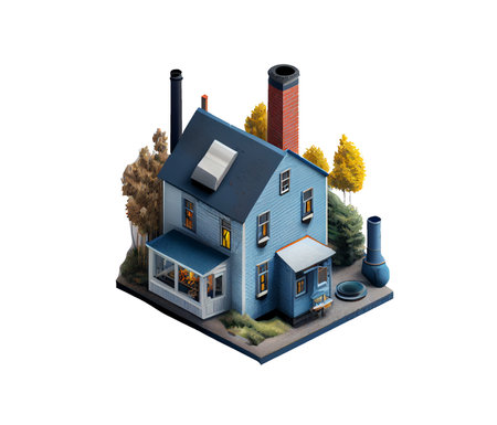 3d isometric building with chimney and chimney isolated on white backgroundの素材