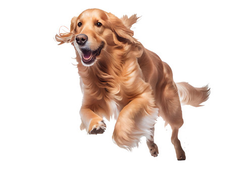 Cute Golden Retriever dog jumping and running isolated on white backgroundの素材