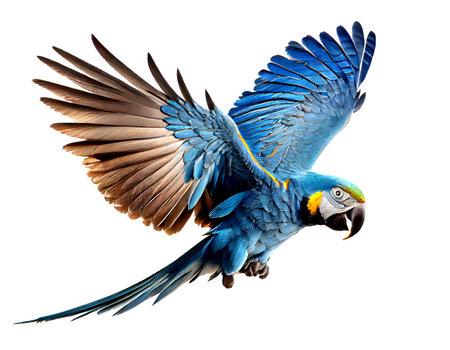3D rendering of a blue and yellow macaw isolated on white backgroundの素材
