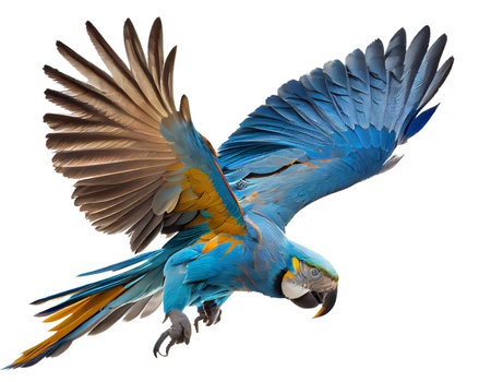 3D rendering of a blue and yellow macaw isolated on white backgroundの素材