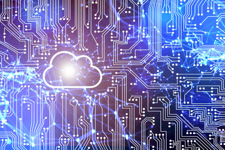 Abstract image of a glowing cloud icon on a circuit board background symbolizing cloud computing, data storage, and digital technology.の写真素材